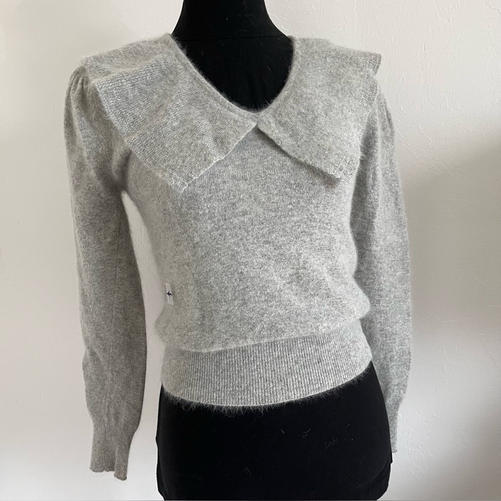 Vintage I. Magnin 1980s Lambswool Angora V-Neck Sailor Collar Sweater M Flaw
